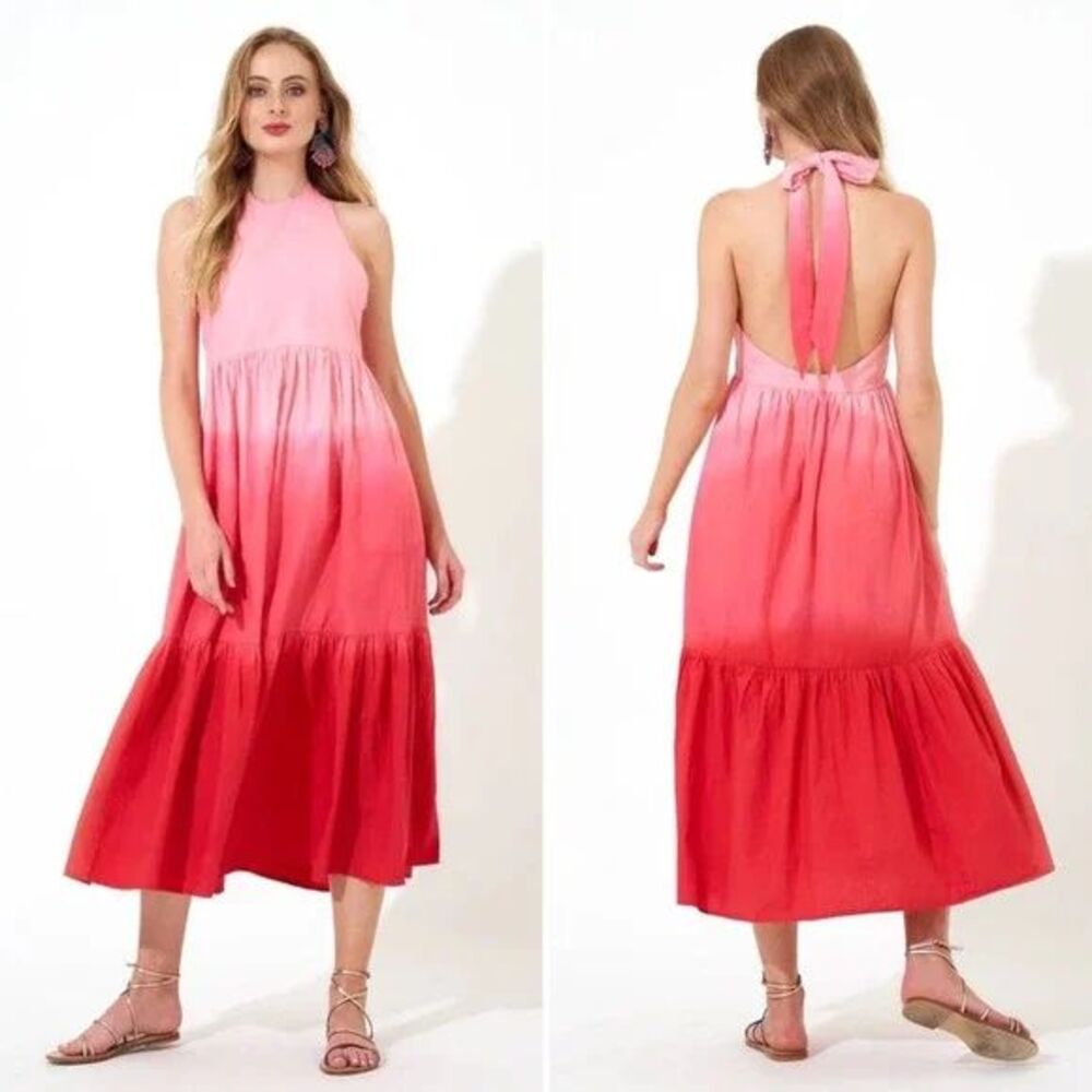 Oliphant NEW Tie Halter Neck Ombre‎ Red Pink Open Back Tiered Midi Dress Size XS